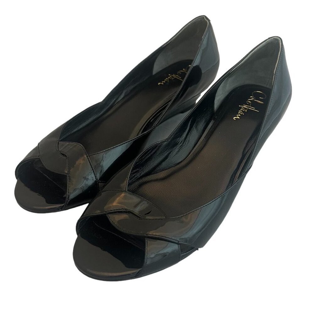 Cole Haan Black Patent Peep-Toe Wedge Sandals